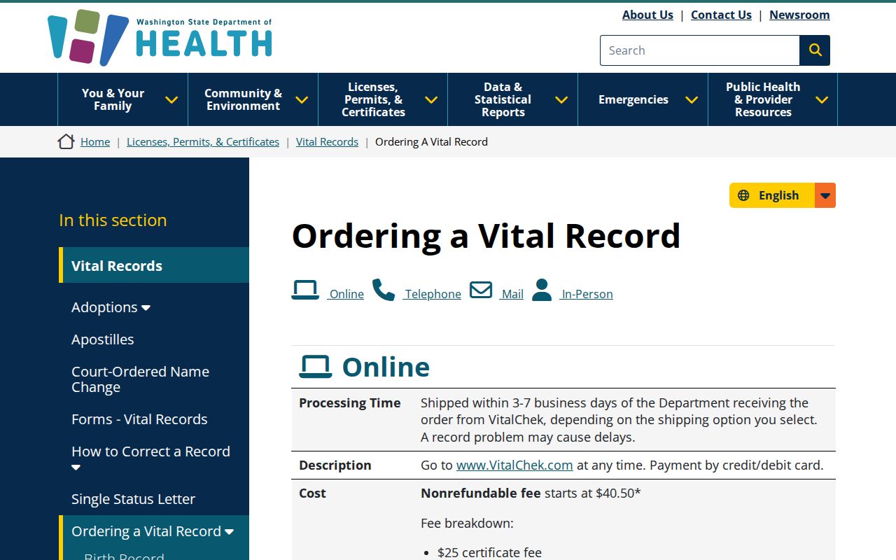 Washington vital-record ordering page for a Whatcom County resident lookup