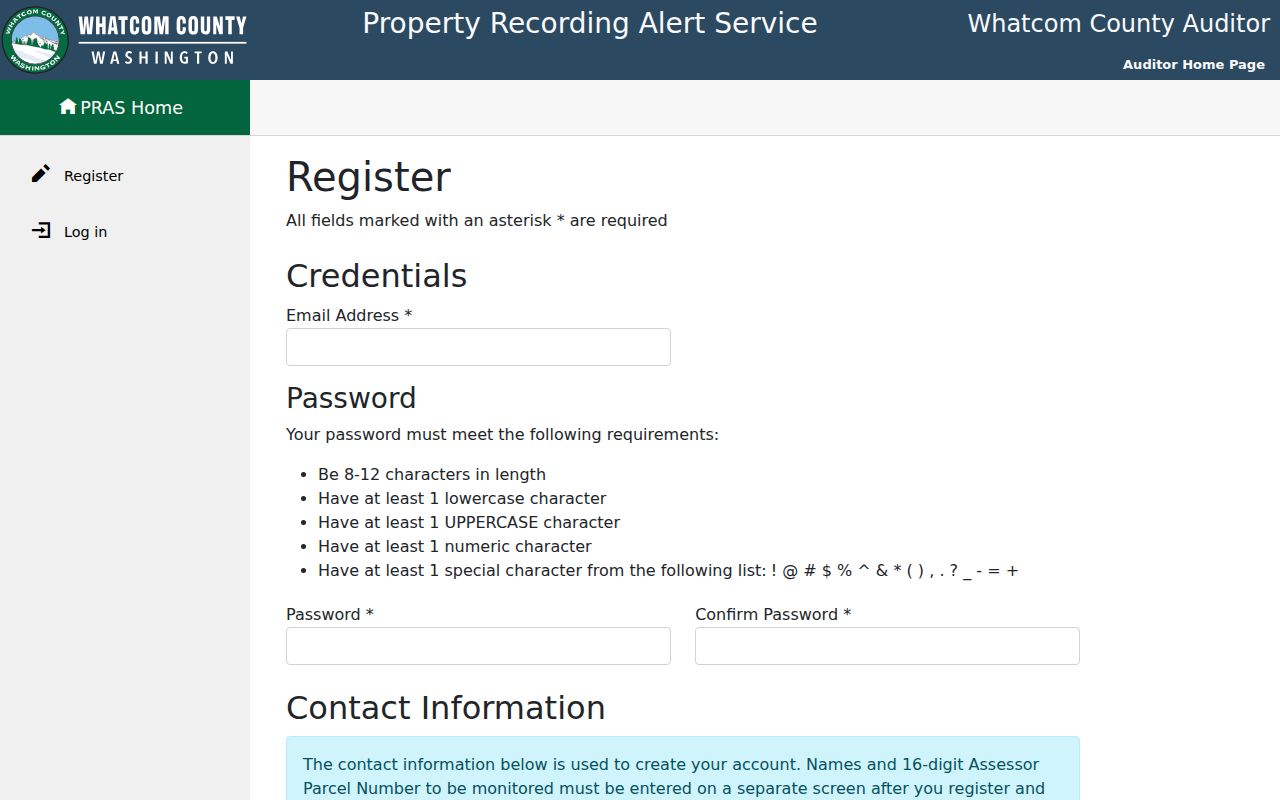 Whatcom County previous residents Property Recording Alert Service registration