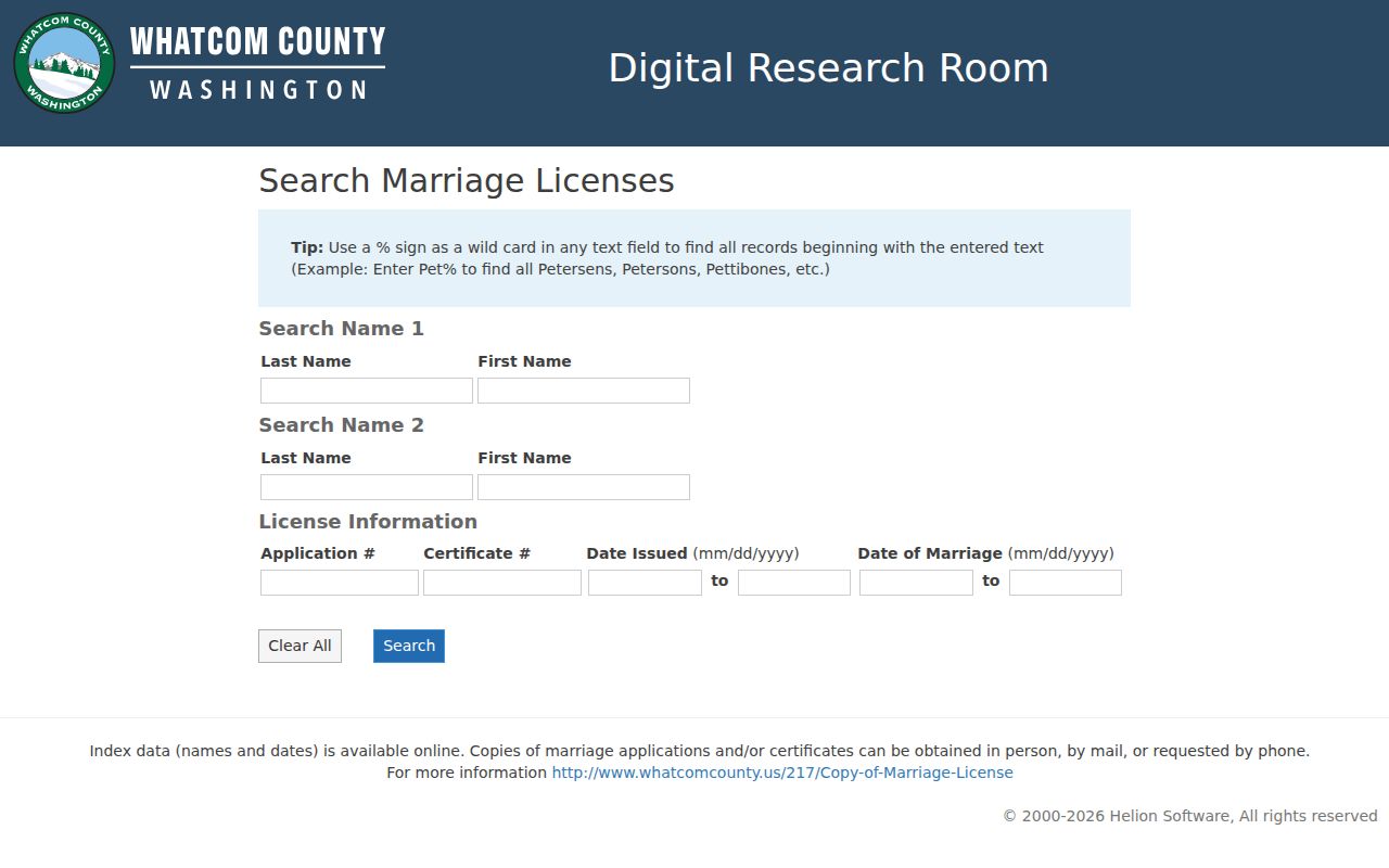 County marriage index for a Whatcom County resident lookup